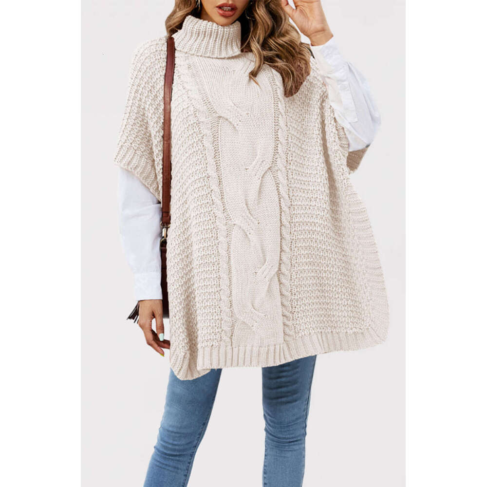 Women's Clothing Autumn Winter New High Neck Cable Knit Shawl Loose Half Sleeve Vest Sweater B5