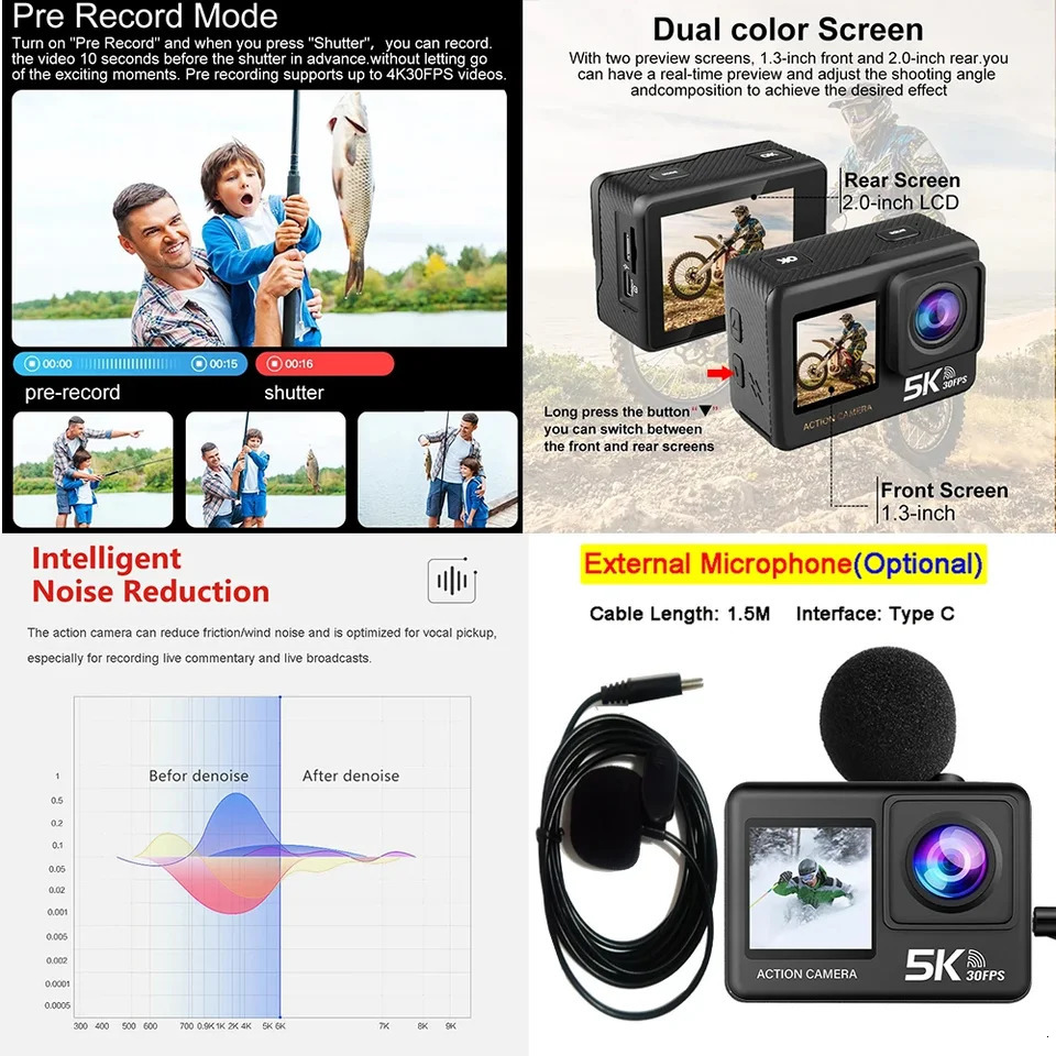 G9SE Action Camera 5K30fps 4K60fps 50MP 2.0 Touch LCD EIS DVR Webcam Dual Screen Wi-Fi 170D Waterproof 30M 5X Zoom Sports Camera 250813