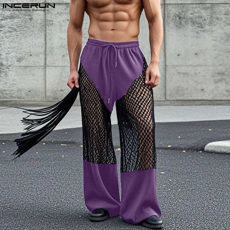 2025 American Style Trousers Fashion Mens Mesh Splicing Hollow Perspective Pants Casual Streetwear DrAWstring Trousers W250819