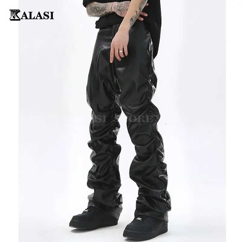 Hip Hop Mens Pleated PU Leather Pants Harajuku Retro Streetwear Loose Ruched Casual Trousers Straight Solid Color Black Pants W250819