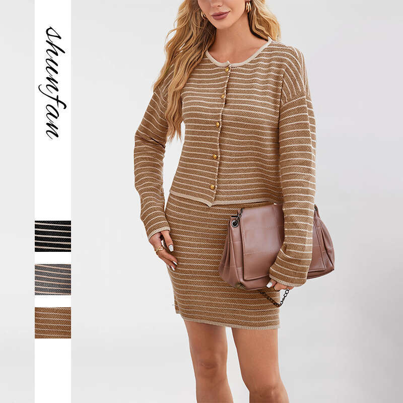 Autumn Winter New Knitted Striped Button Fashion Suit Dress Women's Clothing B5
