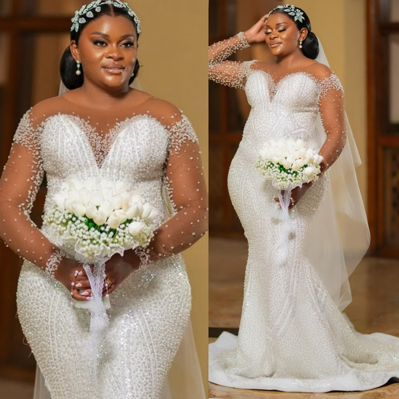 Plus Size Off White Aso Ebi African Wedding Dress Bridal Gowns For Bride Mermaid Wedding Gowns Sheer Neck Long Sleeves Beaded Lace Bridal Dress D611