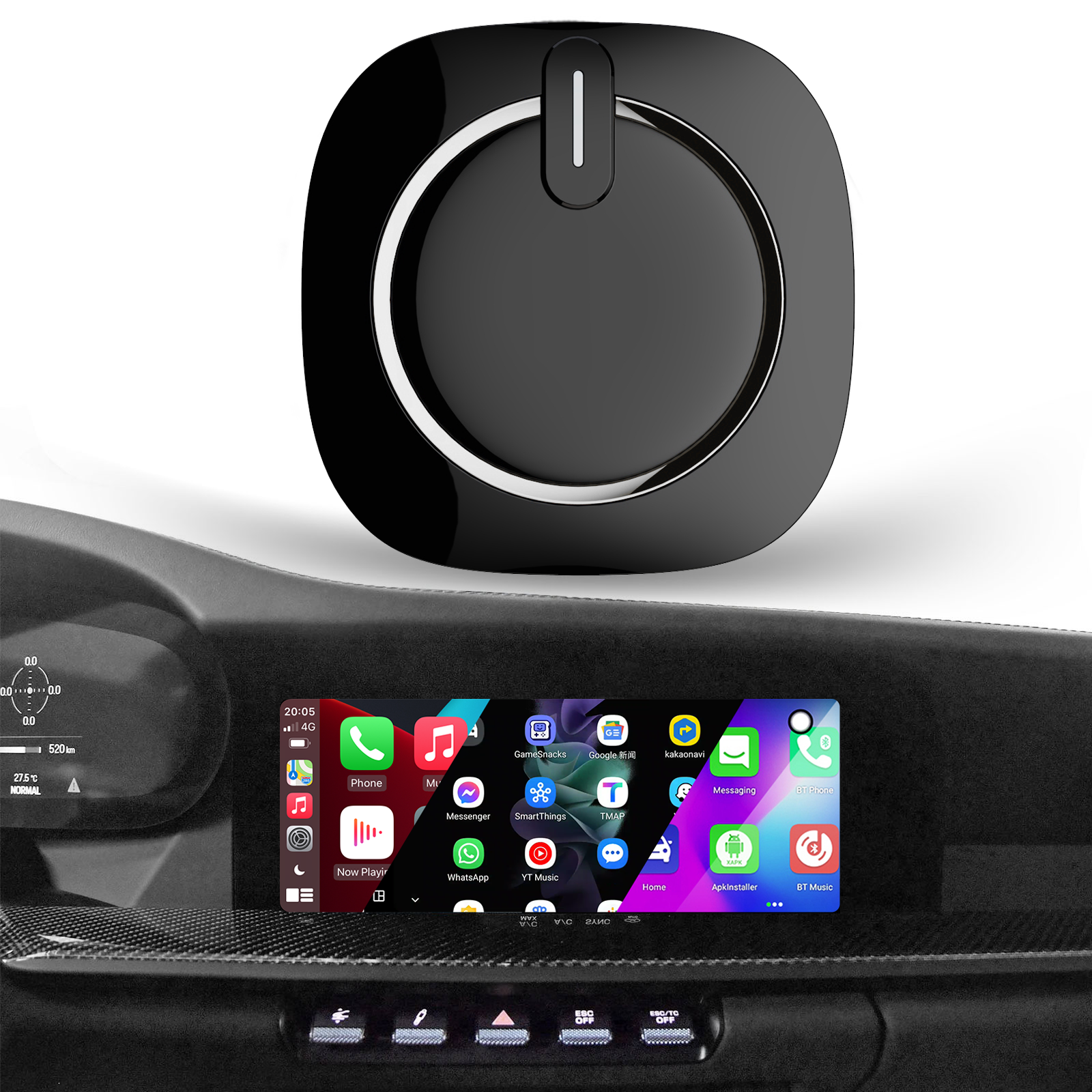 Kowankit Wireless Carplay Android Auto AI Box, Plug & Play Fits Cars, 2in1 Android 13 4+64GB Car Play Adapter, QCM6225, No Delay, USB-Powered, Battery