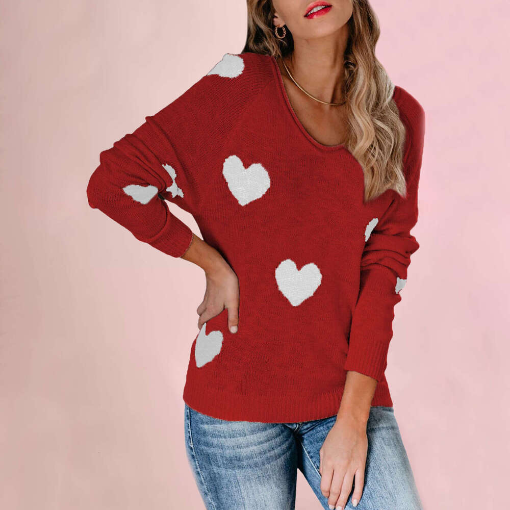 Autumn Winter New Temu Loose Heart Valentine's Day V-Neck Women's Pullover Sweater B5