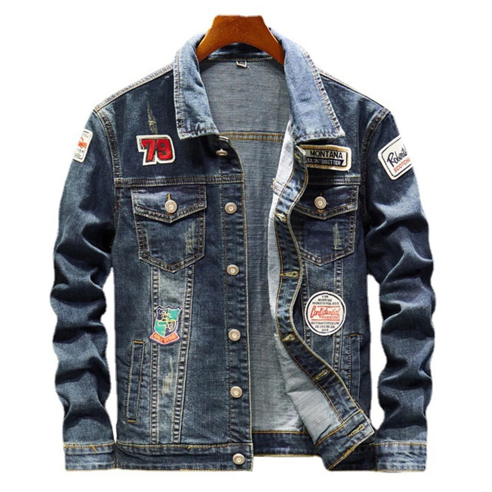 Mens Badge Patches Blue Stretch Denim Jacket Streetwear Patchwork Jean Coat Ripped Outerwear 250809