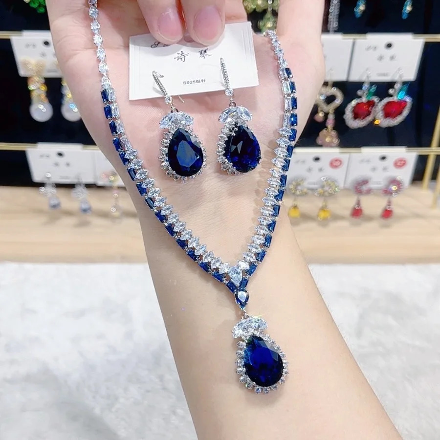 Women Fashion Trend Zircon Necklace Earrings Blue Drop Set 250815