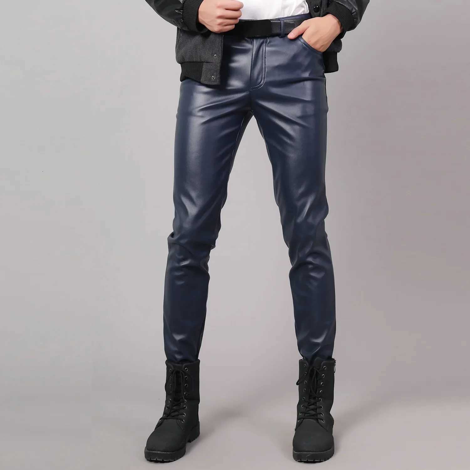 Red Men Moto Skinny Elastic Faux Leather Pants Black Gold White Thin PU Trousers Brand Men Clothing Asian Size 28-40 W250819