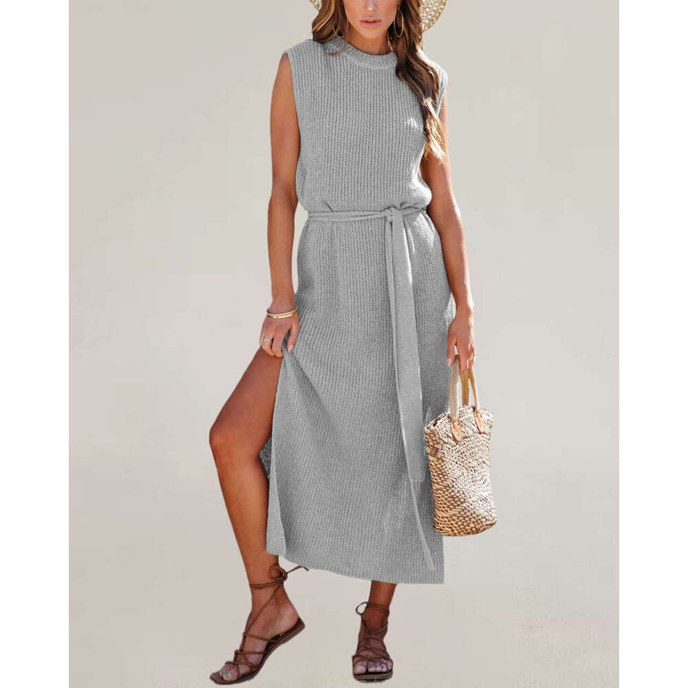 New Women's Round Neck Solid Color Dress With Slit And Belt Knitted Sweater B5