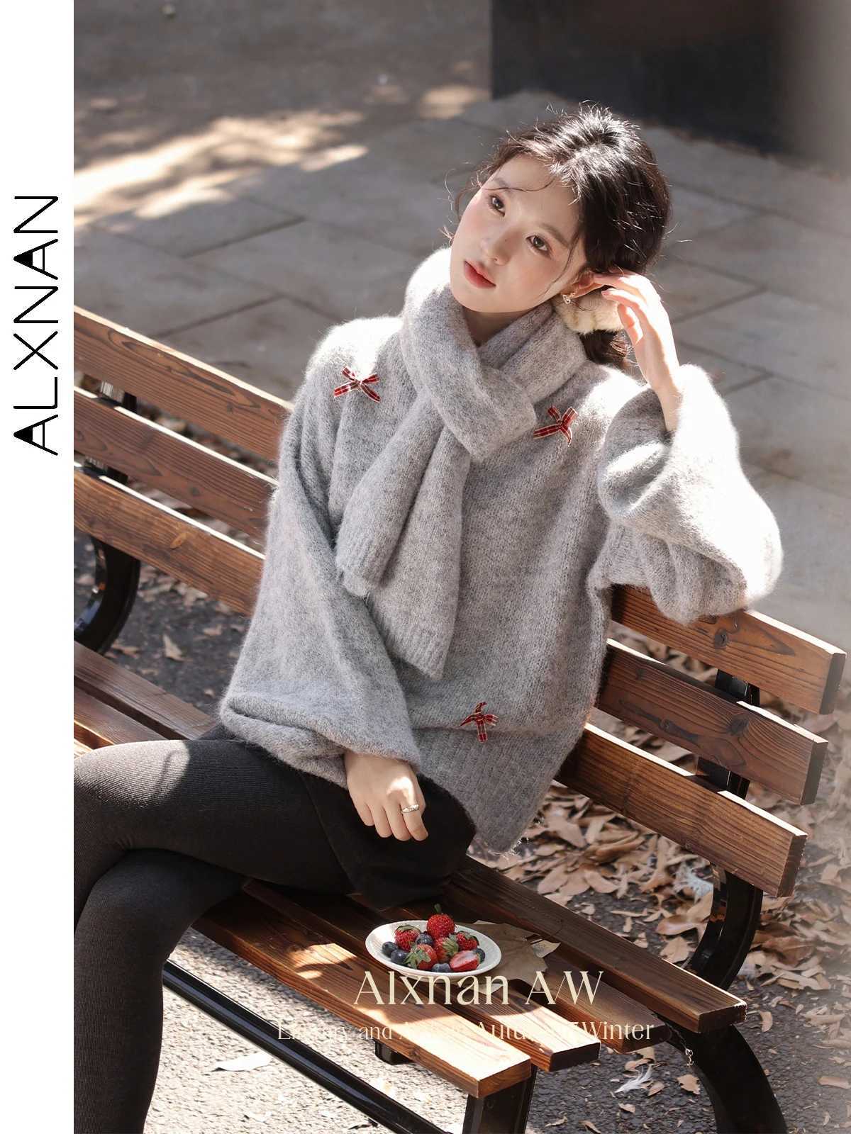 ALXNAN Women Gray Pullovers O-neck Plaid Bow Loose Knitted Lantern Long Sleeve Tops Women Winter Sweaters Fe Clothing L52690 XJ250819