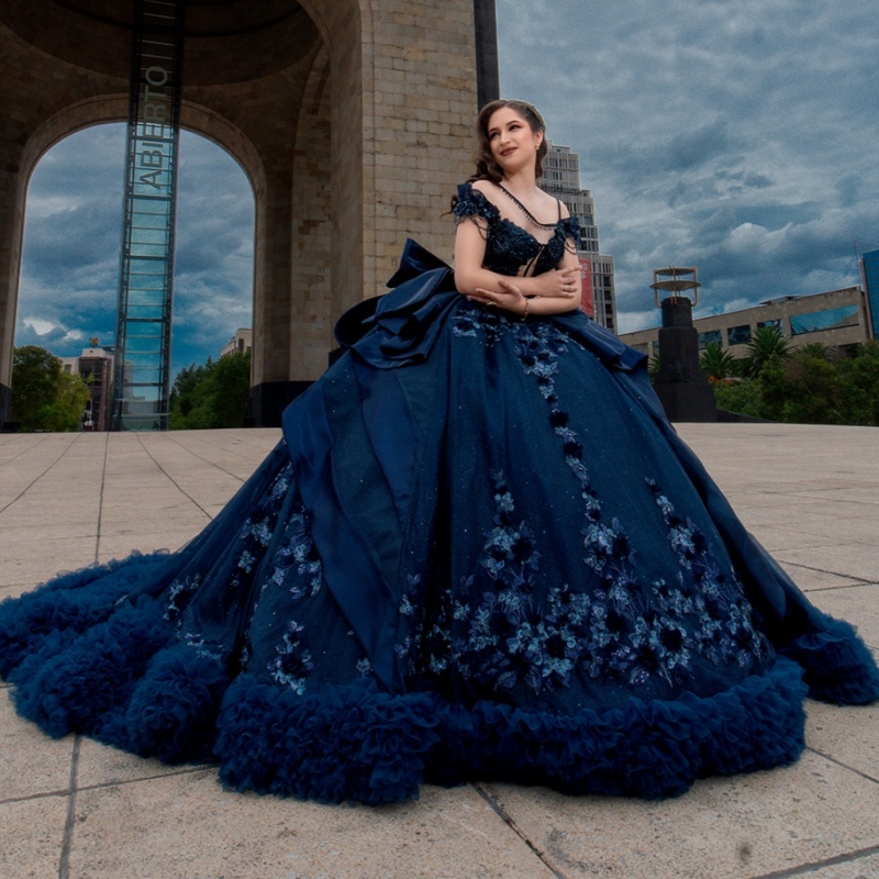 Navy Blue Shiny Princess Sweet 16 Dress Dress Quinceanera Dresses Applique Flower Beading Tiered Tull Party Birthday Vestidos 15 De Anos
