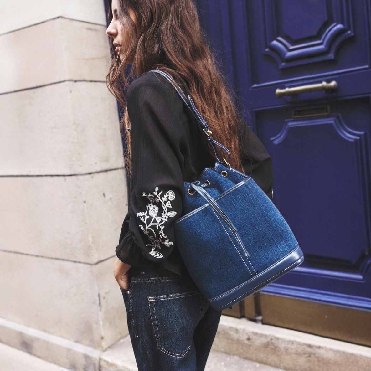 Free shipping designer Bucket Bag Autumn Winter New Denim Patchwork PU Shoulder Bag Large Capacity Bag