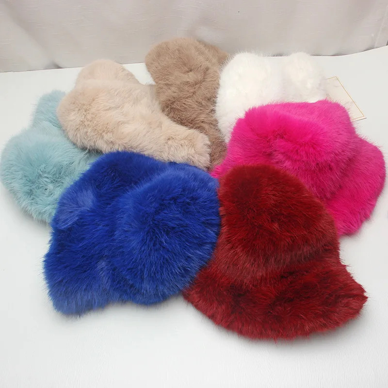 Red plush Bucket hat womens elegant autumn and winter fur bamboo hat Korean version advanced thermal cap large size 250819