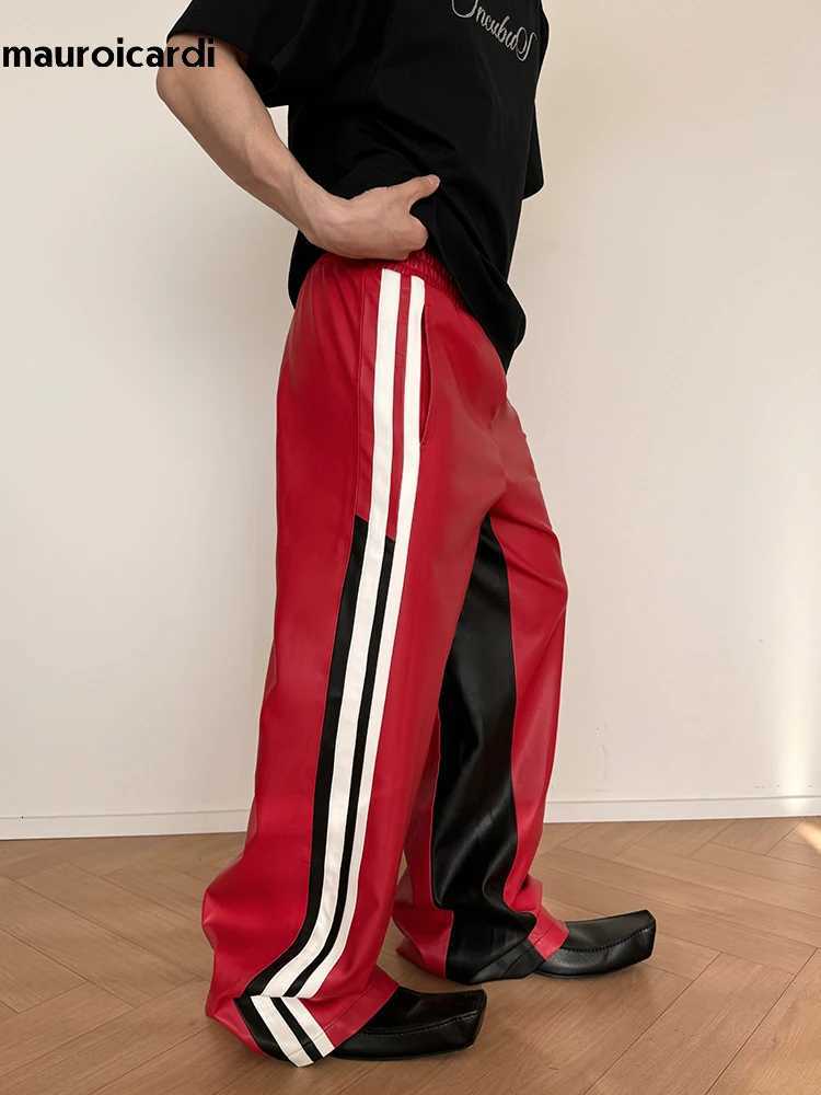 Mauroicardi Spring Autumn Long Loose Casual Baggy Color Block Pu Leather Pants Men Elastic Waist Wide Leg Trousers Streetwear W250819