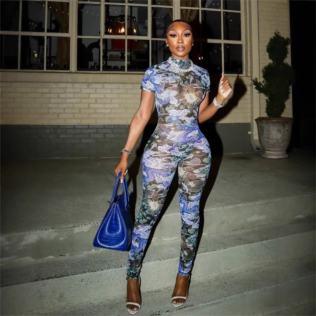 D9707 womens sexy and fashionable backless pattern printed transparent mesh jumpsuit