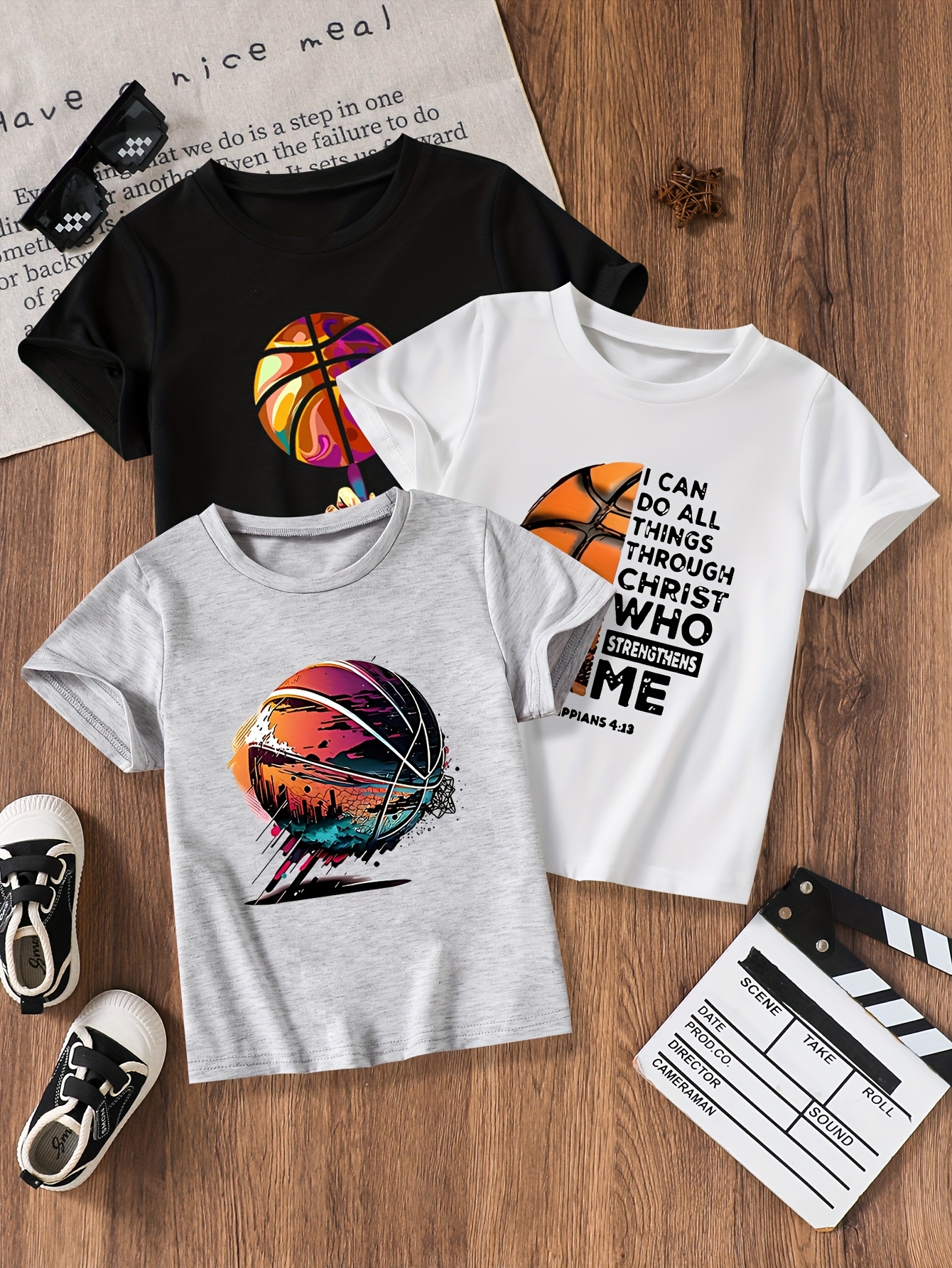 T-shirts Comfort-Fit Boy's Athleticwear Pack Three Matching Shirts Featuring Vibrant Blue Designs