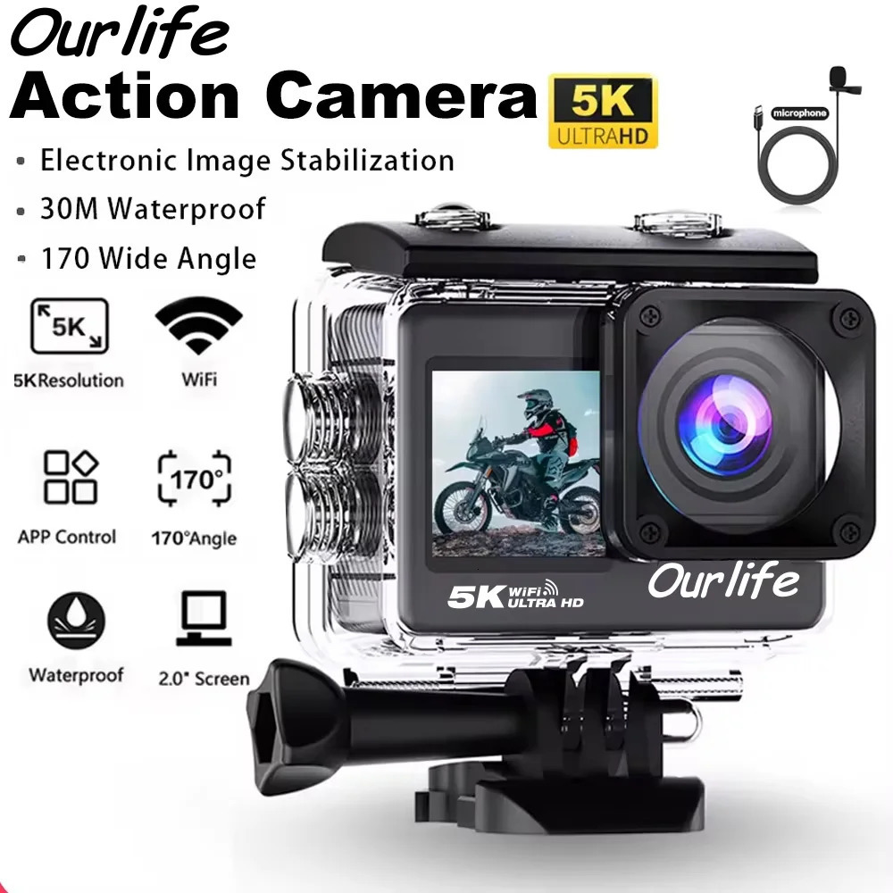 Ourlife Action Camera 5K 4K60FPS EIS WiFi Dual Screen 170D 2.0 Inch Touch Screen 30M Waterproof Sport Camera With Remote Control 250813
