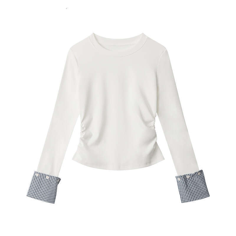 Waist-Cinching Ruched Patchwork Design Top For Women, Niche Early Spring And Autumn Color-Block Slimming T-Shirt B5