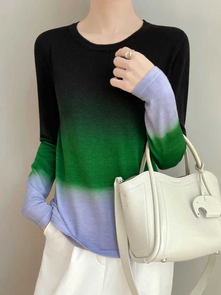 Ladies Gradient Color Sweater Womens Casual Knitted Pullover 2025 Spring Summer Soft Loose Long-Sleeve Basic Round Neck Tops XJ250819