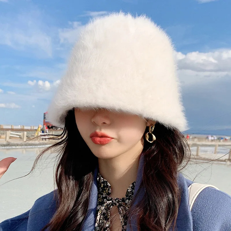Womens Winter Rabbit Fur Bucket Hat Warm Knitted Fisherman Beret for Cold Weather Korean Japanese Style Unisex Outdoor Travel 250819