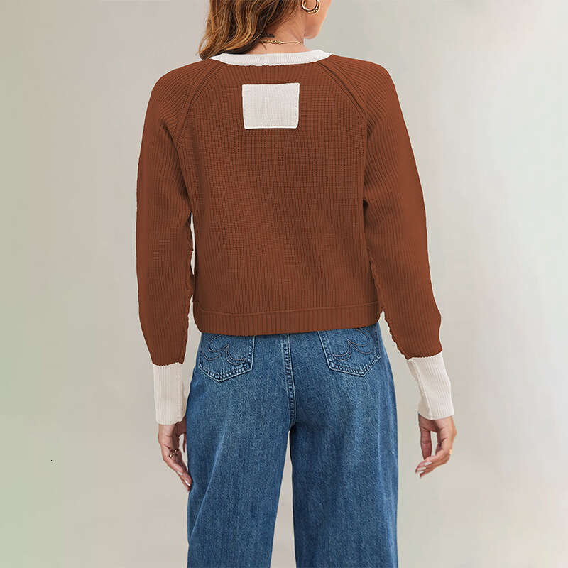 Autumn Winter New Tiktok Round Neck Color Block Fashion Button Contrast Knitted Cardigan Jacket B5