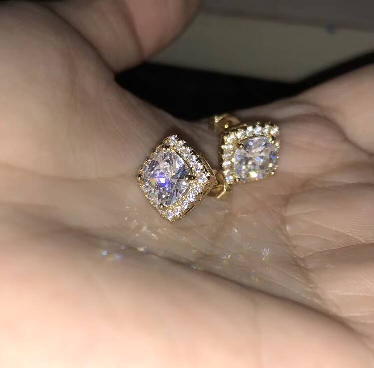 Hip Hop Jewelry Iced Out Moissanite Pink Stud Earrings Square Moissanite Women Bling Men Black Earrings