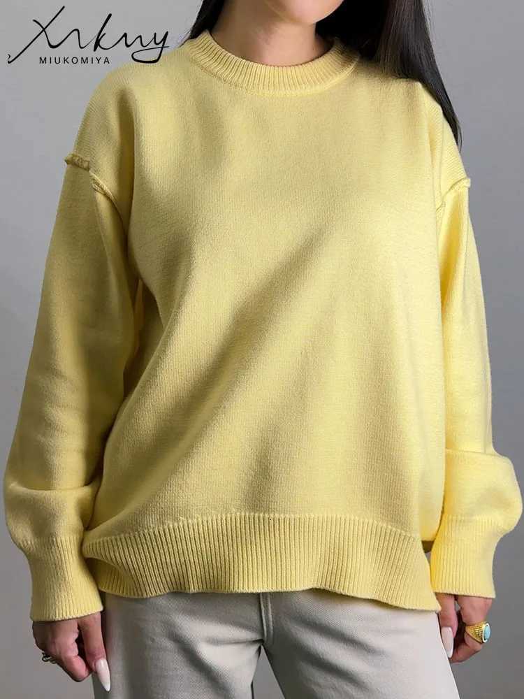 2025 Oversized Fall Yellow Sweaters for Women Brown Crewneck Sweater Top Ladies Office Warm Knitted Women Pullovers Winter Gray XJ250819