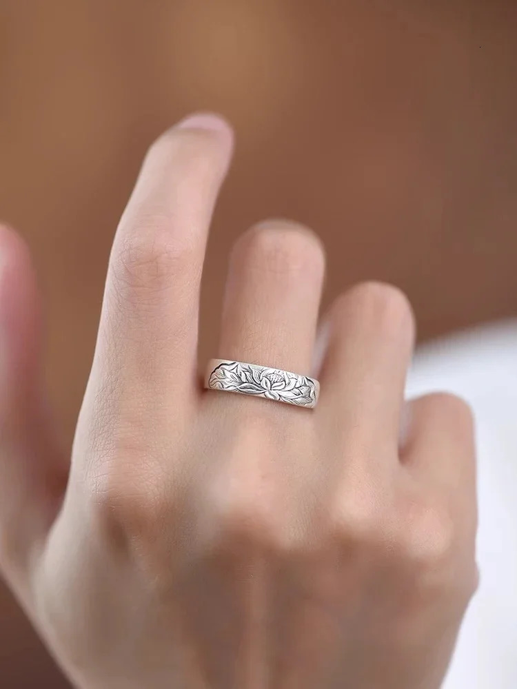 Silver Color Lotus Retro Ring for Men and Women Couple Rings National Style Self-discipline Niche Fashion Jewelry 250815