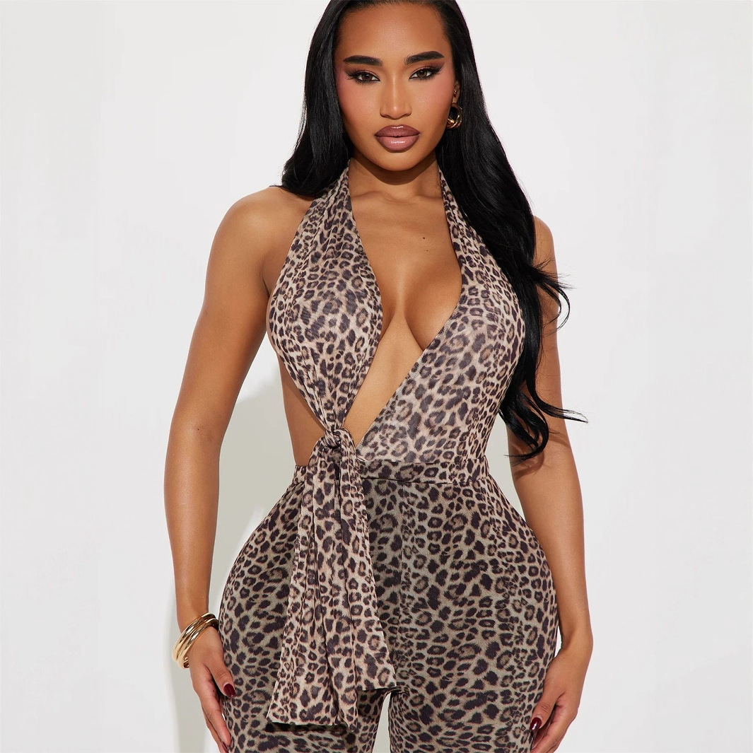 D9530 Womens Fashion Sexy Hot Girl Halter Leopard Print Backless Jumpsuit