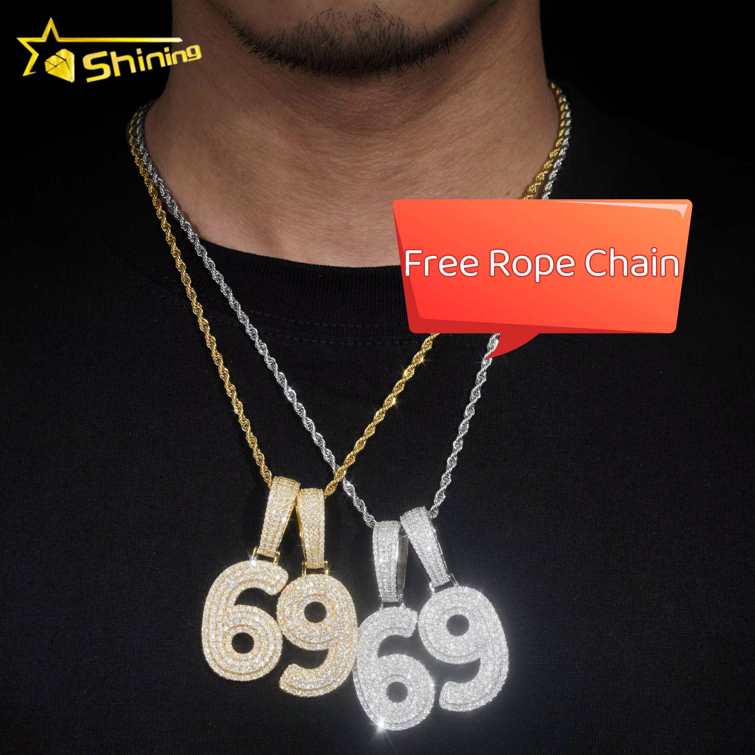Custom Made Hip Hop Jewelry Necklace Gold Plated S925 Sterling Silver Iced Out Vvs Moissanite Diamond Number Pendant