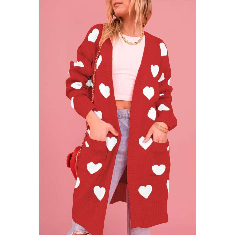 New Winter Valentine's Day Heart Knitted Mid-Length Plus Size Sweater Coat For Women B5