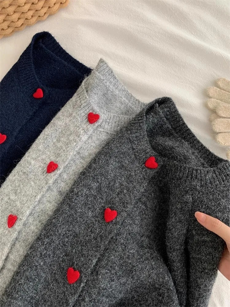 Deep Grey Wool Knitted Cardigan For Women In Autumn Winter Soft And Sticky Warm Love Buckle Shoulder Sleeves 250819