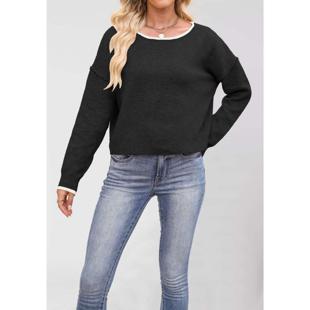 New Women's Clothing Autumn Winter Round Neck Color Block Knitted Loose Versatile Pullover Sweater B3