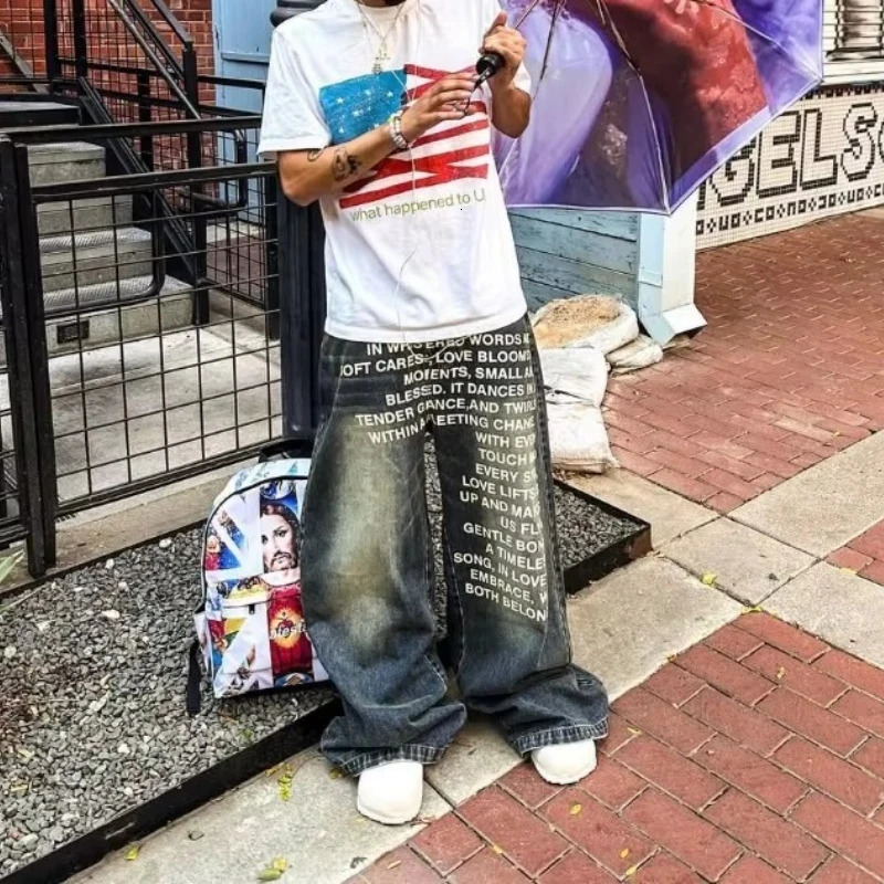 Deeptown Vintage Letter Print Women Man Jeans Y2k Harajuku Washed Wide Leg American Style Denim Pants Baggy Hip Hop Streetwear250819