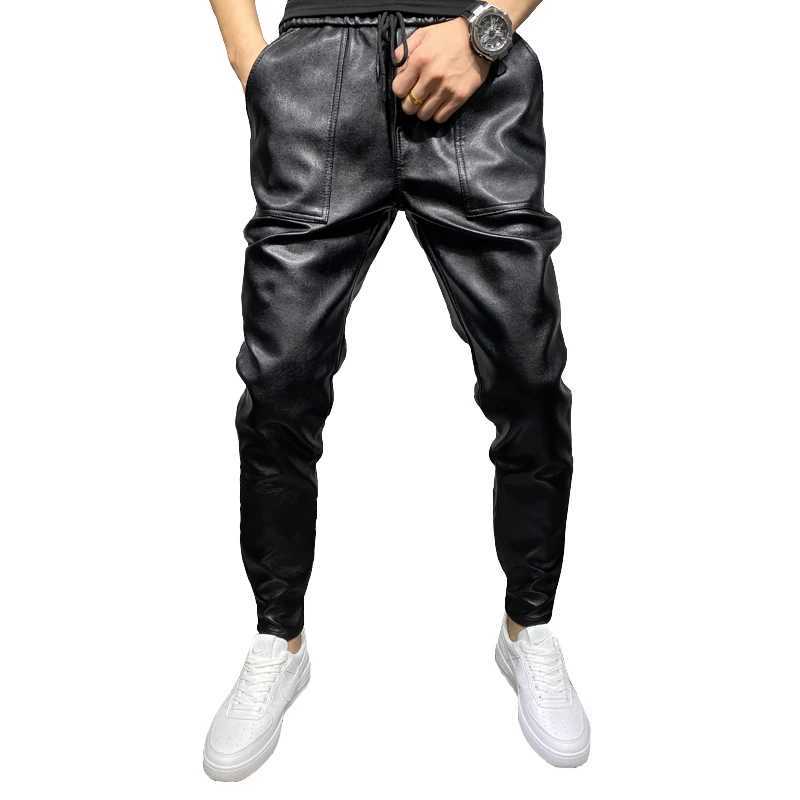 PU Leather Motorcycle Pants Men High Quality Winter Korean Luxury Clothing Large Size Windproof Casual Warm Mens Black Trousers W250819