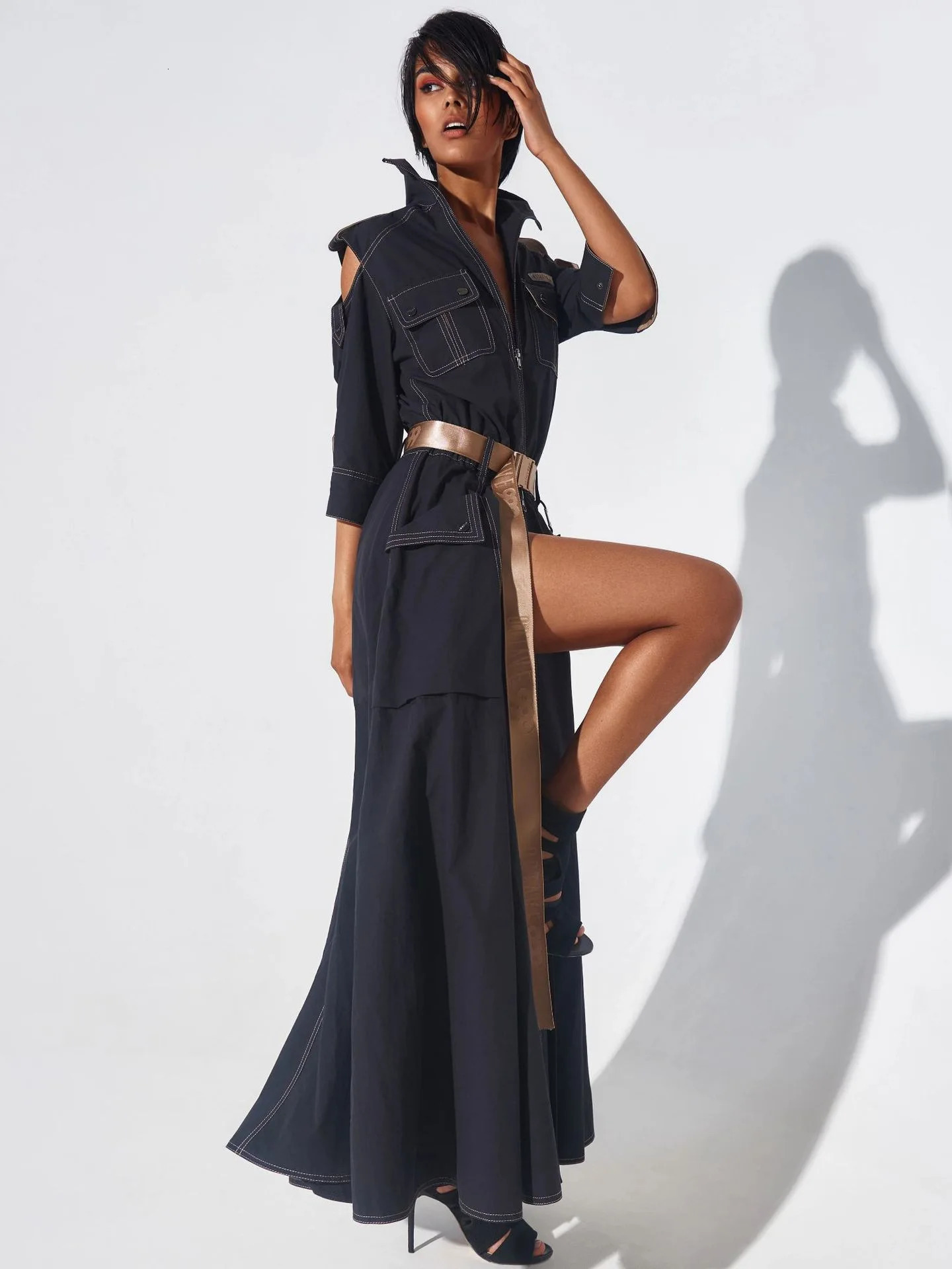 Summer Dress for Women Retro Turn-down Collar Cold Shoulder Half Sleeve Zipper Belt Pockets Split High Waist Maxi Dresses 250819