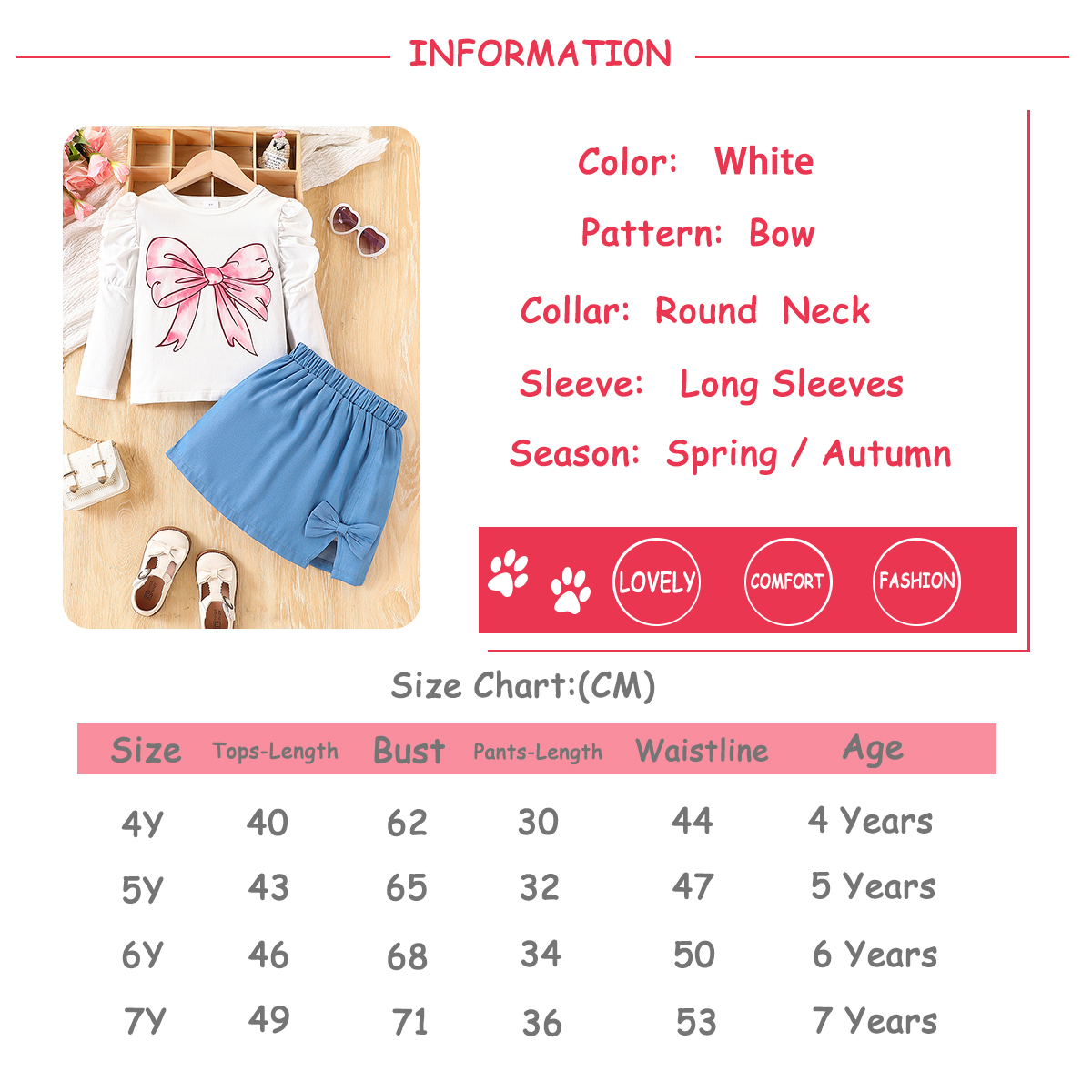 2-piece set of girls' fashionable casual bow print round neck pleated bubble long sleeved top and slit three-dimensional bow decoration short ski