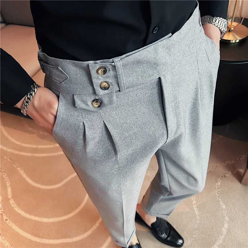 British Style Spring New Solid Business Casual Suit Pants High Waist Button Men Formal Pants High Quality Slim Office Trousers W250819