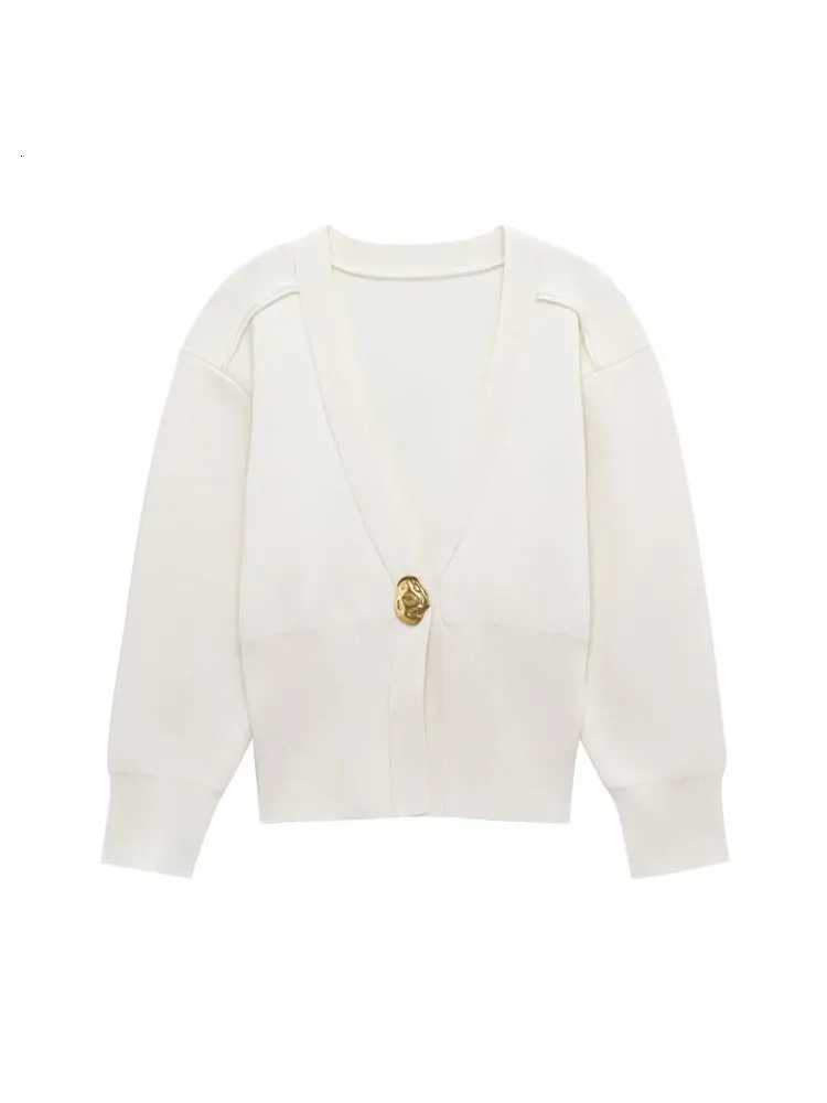 TRZA Women Fashion Front Gold Button Knit Cardigan Sweater V Neck Long Sleeve Outerwear Chic Tops XJ250819