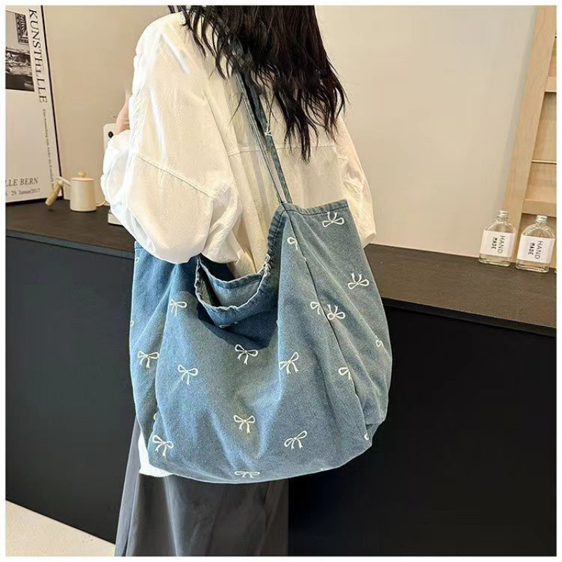 2025 Autumn New Denim Canvas Women's Bag Bow Sweet Handbag Large Capacity Casual Shoulder Bag Women's Crossbody Bag Designer Bar Bag Women&#