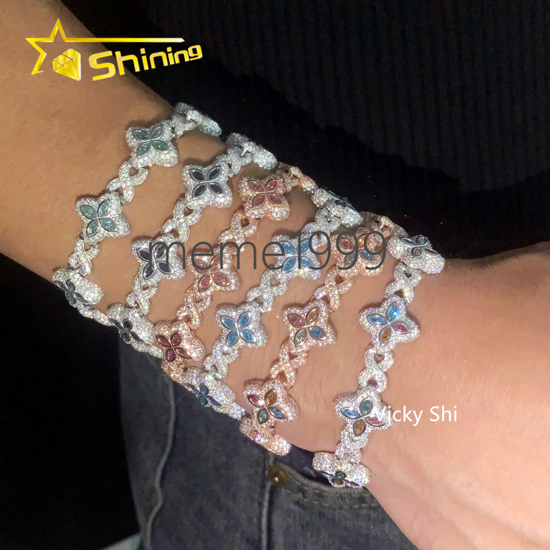 Hot Selling 15MM 925 Sterling Silver Cuban Clover Bracelets Iced Out Hip Hop Infinity Colored Moissanite Cuban Bracelet