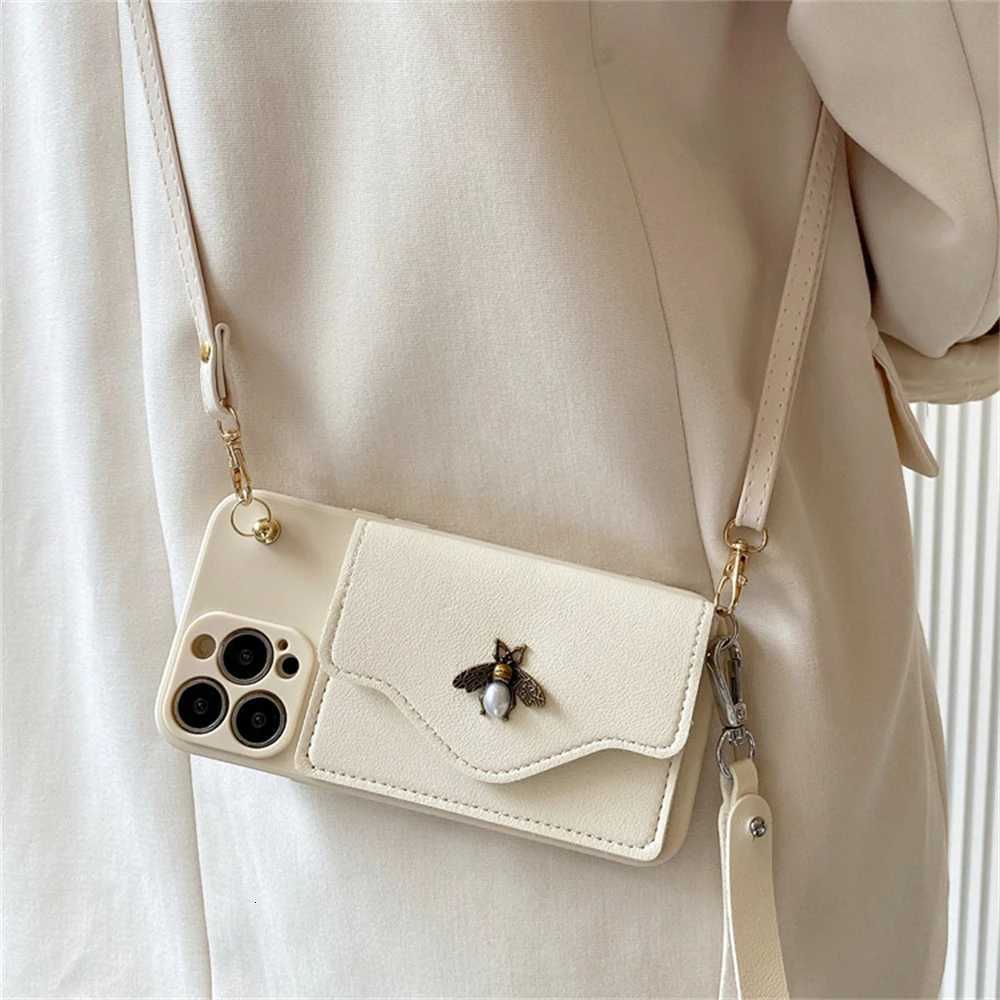 Luxury 3D Pearl Bee Leather Card Bag Crossbody Lanyard Soft Case For iPhone 16 15 14 Pro Max 13 12 11 XS X XR Plus Mini SE Cover Z250819