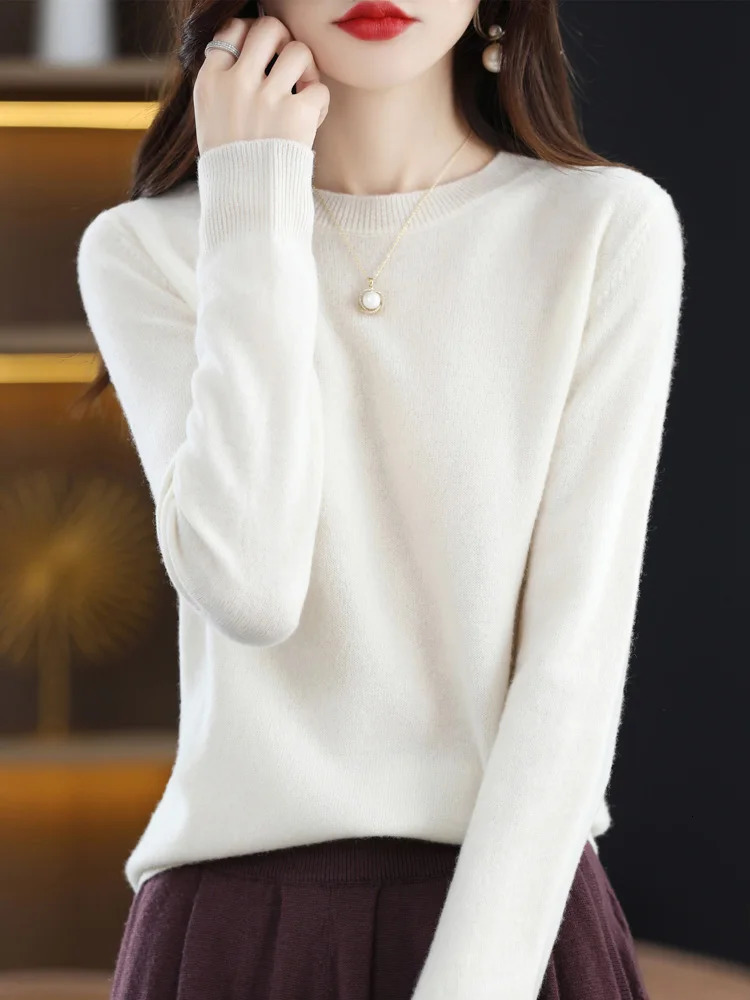 Fashion 100% Merino Wool Sweater Elegant Cashmere Pullover Women ONeck Long Sleeve Knitwear Basic Clothing Jumper Tops 250819