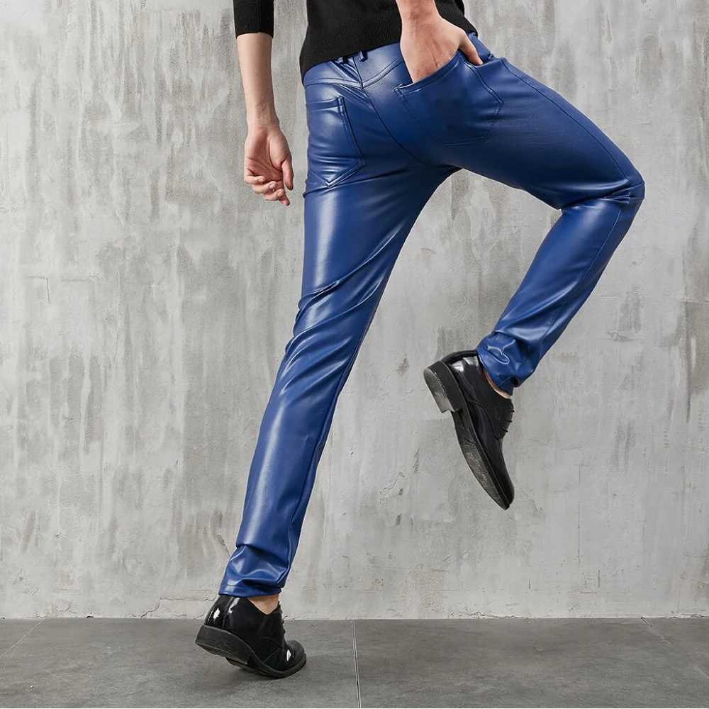 Mens Leather Pants Skinny Fit Stretch Fashion PU Leather Trousers Party Dance Pants Thin Streetwear W250819