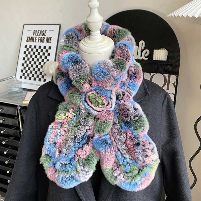 New Russian Women Knit Real Rex Rabbit Fur Scarf Lady Fashion Floral Rex Rabbit Fur Mufflers Hot Winter Warm Natural Fur Scarves L250818O3TM