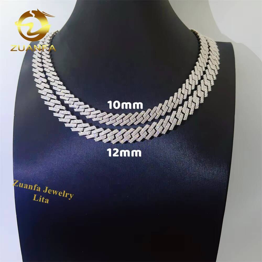 Hip Hop Hot Selling Miami 10mm 12mm Vvs Moissanite Diamond Iced Out Necklace Sliver Cuban Link Chain