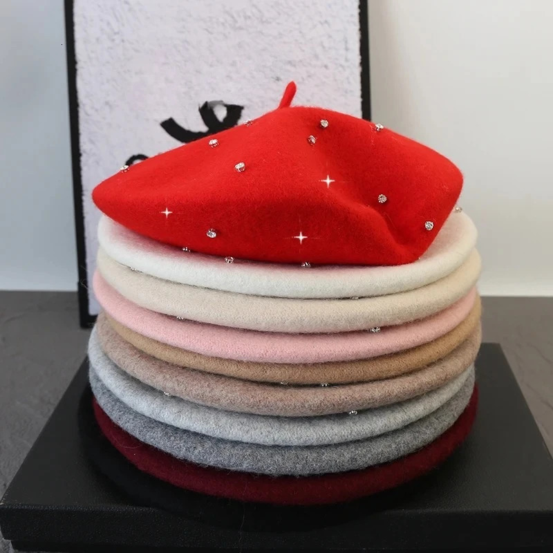 2025 Rhinestone Wool Thick Beret French Beret Artist Painter Autumn Winter Hat Girls Female Warm Walking Cap 250819