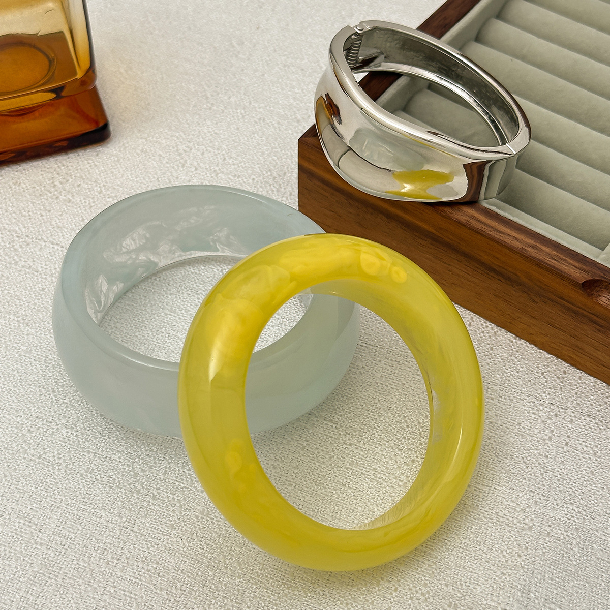 Contemporary Resin Cuff Bracelet Asymmetrical Ombre Blue Wide Bangle with Dual Coil Mechanism