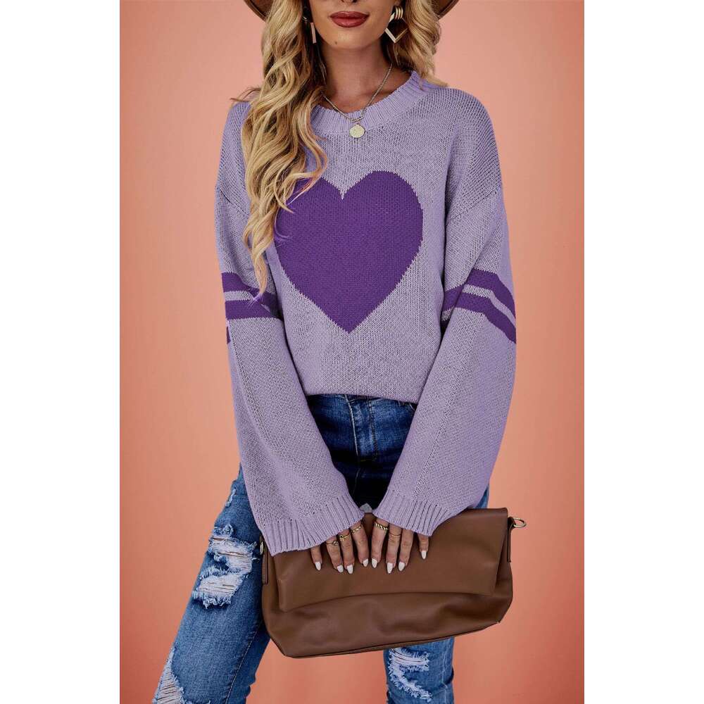 New Women's Autumn Winter Sweater Color Block Valentine's Day Heart Round Neck Knit B5