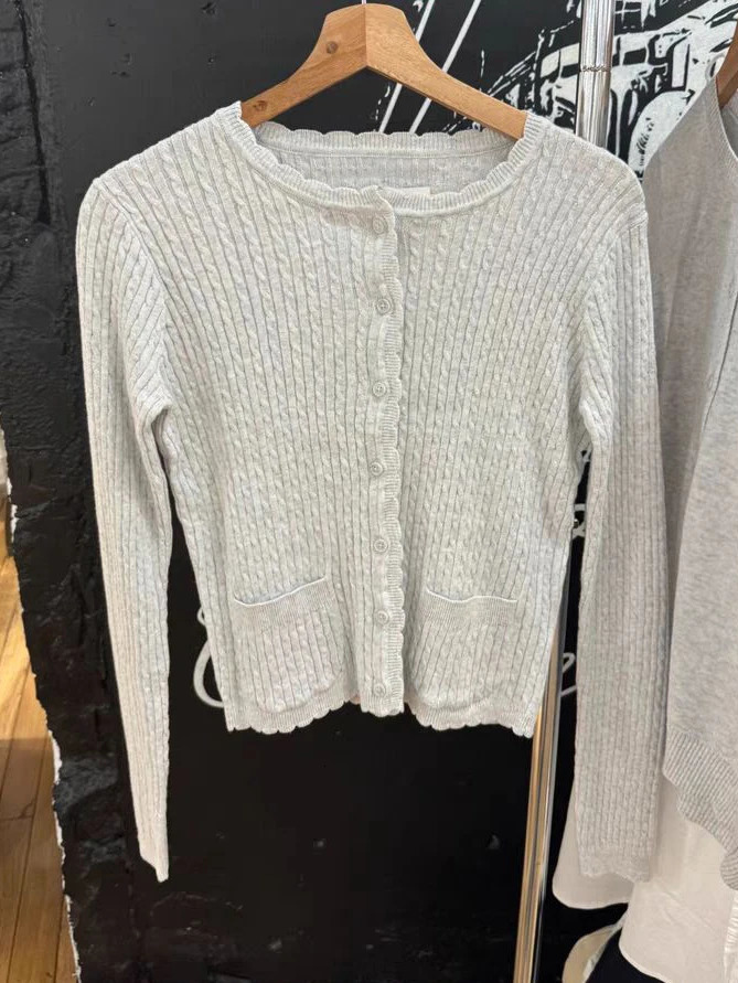 Pockets Twist Flower Knitted Sweater Cardigan ONeck Single Breasted Long Sleeve Slim Sweaters Vintage Streetwear Gray Crop Tops 250819