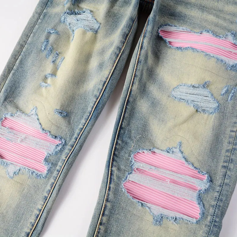 Fashionable jeans with stretch slim fit ripped holes patchwork leather red patches washed with water nostalgic retro 250818